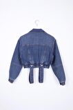 Önü Dekoratif Cepli ve Kolları Lastikli Uzun Kollu Kısa Boy Kot Kadın Ceket Koyu Mavi Denim