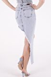 Püsküllü ve Çapraz Kesim Detaylı Cepli Astarsız Normal Belli Kadın Kot Etek Orta Mavi Denim Yaz