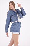 Astar Detaylı ve Normal Belli Klasik Cepli Mini Kot Kadın Etek Açık Mavi Denim Yaz / Bahar