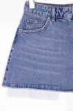 Astar Detaylı ve Normal Belli Klasik Cepli Mini Kot Kadın Etek Açık Mavi Denim Yaz / Bahar