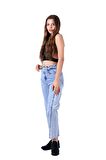 Parçalı Çift Renkli ve Yüksek Belli Cepli Astarsız Kadın Kot Pantolon Jean Açık Mavi Kot Denim