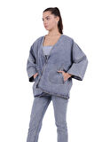 Bol Kalıplı ve Orta Boylu Kemersiz Rahat / Oversize Kadın Kot Kimono Açık Mavi Denim Dört Mevsim