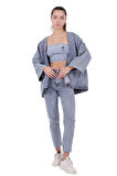 Bol Kalıplı ve Orta Boylu Kemersiz Rahat / Oversize Kadın Kot Kimono Açık Mavi Denim Dört Mevsim