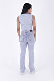 Yüksek Belli ve Cepli Boru Paçalı Relaxed Kadın Kot Pantolon Açık Mavi Jean Denim Dört Mevsim