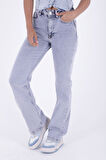 Yüksek Belli ve Cepli Boru Paçalı Relaxed Kadın Kot Pantolon Açık Mavi Jean Denim Dört Mevsim