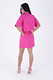 Kısa Kollu ve Kısa Boy Düğmeli Klasik Yakalı Astarsız Cepli Kadın Kot Ceket Fuşya Mevsimlik