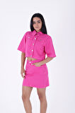 Kısa Kollu ve Kısa Boy Düğmeli Klasik Yakalı Astarsız Cepli Kadın Kot Ceket Fuşya Mevsimlik
