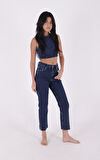 Paçaları Taşlı ve Yırtmaçlı Cepli Yüksek Belli Mom Fit Kadın Jean Kot Pantolon Düz Koyu Rins Denim