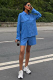 Gömlek Yakalı ve Uzun Kollu Desensiz Flamlı Keten Kadın Gömlek ve Şort Takımı (2 Parça ) MAVİ