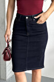 Dar Kalıplı Orta Boy Normal Belli Kadın Kot Etek Slaplı Lacivert Denim