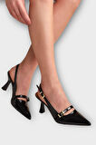 Kadın Tek Bant Tokalı Sivri Burun Arkası Açık Topuklu Ayakkabı SİYAH