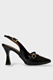 Kadın Tek Bant Tokalı Sivri Burun Arkası Açık Topuklu Ayakkabı SİYAH