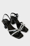 Kadın Çift Bantlı Taş Detay Topuklu  Ayakkabı SİYAH