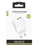 MobiLX 2.4A iPhone 8–14 Pro Max Uyumlu Hızlı Şarj Adaptörü + Lightning Kablo