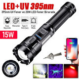 Valkyrie 15W LED + UV El Feneri 3000mAh Şarjlı 9 Mod Zoom Powerbank Özellikli Suya Dayanıklı Fener