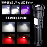 Valkyrie 15W LED + UV El Feneri 3000mAh Şarjlı 9 Mod Zoom Powerbank Özellikli Suya Dayanıklı Fener