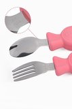 Valkyrie 304 Çelik Panda Bebek Kaşık Çatal SetiSilikon Saplı BPA İçermez Ergonomik Kaymaz Pembe