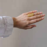 Çelik Yüzük Kadın Altın Kaplama Çiçek Desenli Kaburga YZK-492