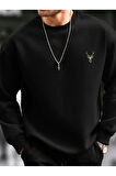 Erkek Geyik Baskılı Bisiklet Yaka Oversize Sweatshirt
