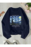 Kadın Yıldızlı Gece Tablo Baskılı Bisiklet Yaka Oversize Sweatshirt