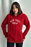 Kadın New York Crew Baskılı Oversize Kapüşonlu Sweatshirt
