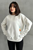 Kadın Minik Gezegen Baskılı Oversize Bisiklet Yaka Sweatshirt