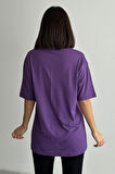 Kadın Yüz Baskılı Bisiklet Yaka Oversize T-Shirt