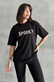 Kadın Spooky Baskılı Bisiklet Yaka Oversize T-Shirt