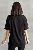Kadın Spooky Baskılı Bisiklet Yaka Oversize T-Shirt