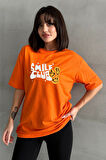 Kadın Smile Club Baskılı Bisiklet Yaka Oversize T-Shirt