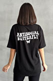 Kadın Antisocial Butterfly Baskılı Bisiklet Yaka Oversize T-Shirt