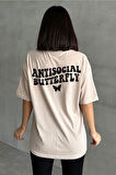 Kadın Antisocial Butterfly Baskılı Bisiklet Yaka Oversize T-Shirt
