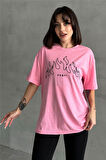 Kadın AngelBaskılı Bisiklet Yaka Oversize T-Shirt