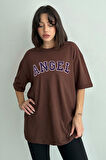 Kadın Angel Baskılı Bisiklet Yaka Oversize T-Shirt