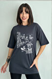 Kadın Summer Time Baskılı Bisiklet Yaka Oversize T-Shirt