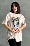 Kadın Davut Heykeli Baskılı Bisiklet Yaka Oversize T-Shirt