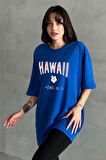 Kadın Hawaii Baskılı Bisiklet Yaka Oversize T-Shirt