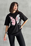Kadın Çiçekli Kelebek Baskılı Bisiklet Yaka Oversize T-Shirt
