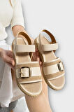 Kadın Tokalı Hasır Tek Bant Lastik Detaylı Sandalet KREM