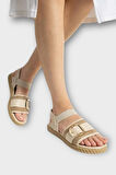 Kadın Tokalı Hasır Tek Bant Lastik Detaylı Sandalet KREM