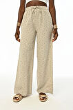 KADIN BELİ LASTİKLİ BOL PAÇA ÖNÜ TAŞ İŞLEMELİ KETEN PANTOLON