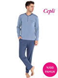 Guava Erkek 3 Düğmeli %100 Pamuk Göğüs Cepli Mevsimlik Uzun Kol Cepli Pijama Takımı