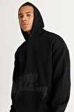 Erkek Siyah Oversize Fit Bol Kesim Kapüşonlu Içi Polarlı 3 Iplik Baskılı Sweatshirt
