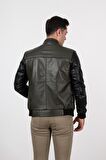 Deri Effect Erkek Haki Şişme Hakiki Deri Ceket