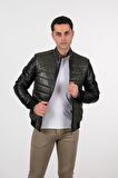 Deri Effect Erkek Haki Şişme Hakiki Deri Ceket