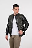 Deri Effect Erkek Haki Şişme Hakiki Deri Ceket