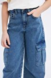Kız Çocuk Wide Leg Kargo Geniş Bol Paça Pamuklu Jean Pantolon