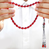 1000 Ayar Gümüş Kazaz Püsküllü Arpa Kesim Bayrak Kırmızı Ateş Kehribar Tesbih