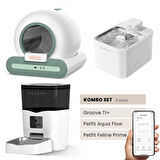 Groove Ti+ Akıllı Otomatik Kedi Tuvaleti Yeşil - Petfit Aqua Flow Akıllı Bataryalı Su Pınarı Çeşmesi + Petfit Feline Prime Akıllı Otomatik Mama Kabı Bundle