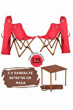 Bag The Joy Ahşap Katlanır Masa Sandalye Seti Kahverengi Iskelet Kırmızı Kılıf -60x60x55 Masa